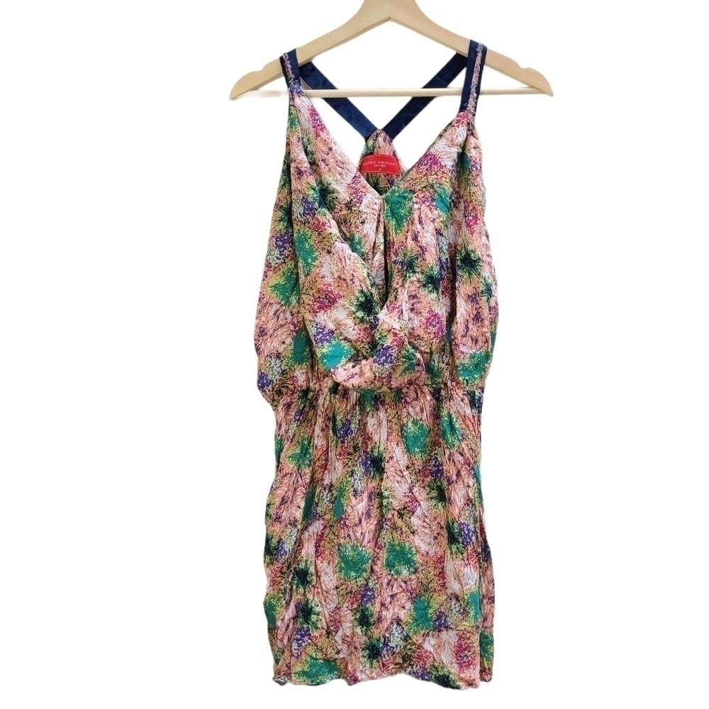 AKIRA Chicago Abstract Print Keyhole Cutout Satin Strap Mini Dress Medium